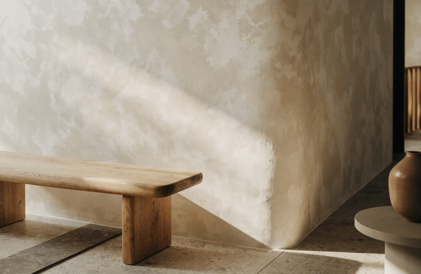 Wall with soft matte lime wash finish
